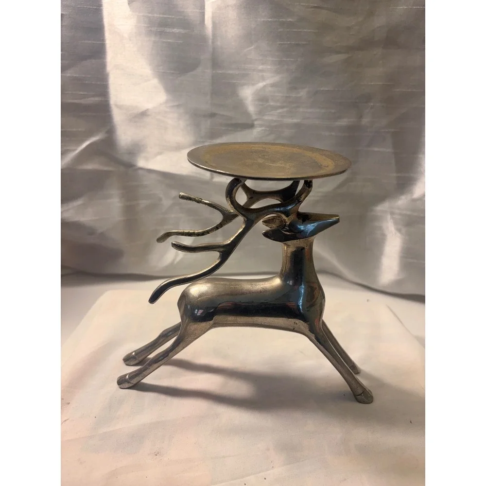Vintage Silver Tone Metal Reindeer Stag Pillar Candle Holder 6.5 Inch Holiday
